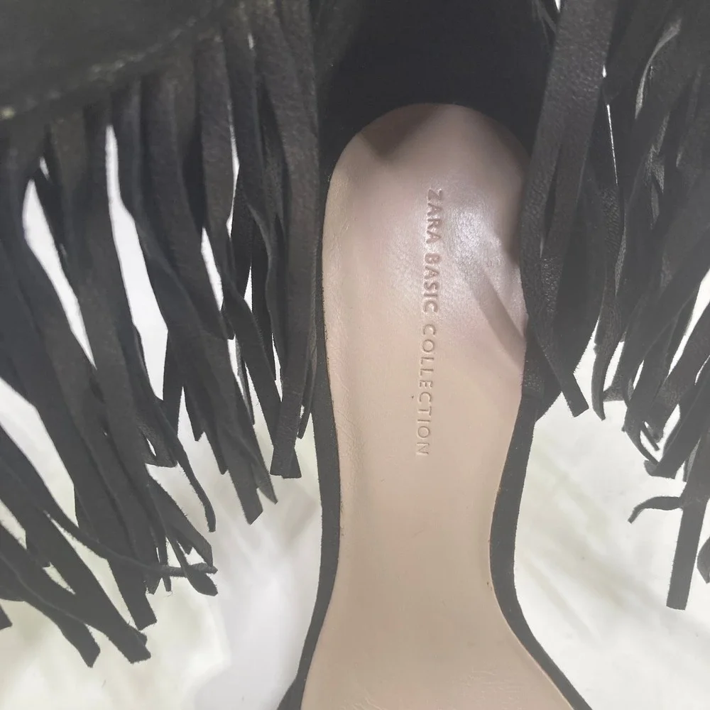 Zara Basic‎ Collection Black Suede Fringe Tassel Lace Up Stiletto Heels Size 38